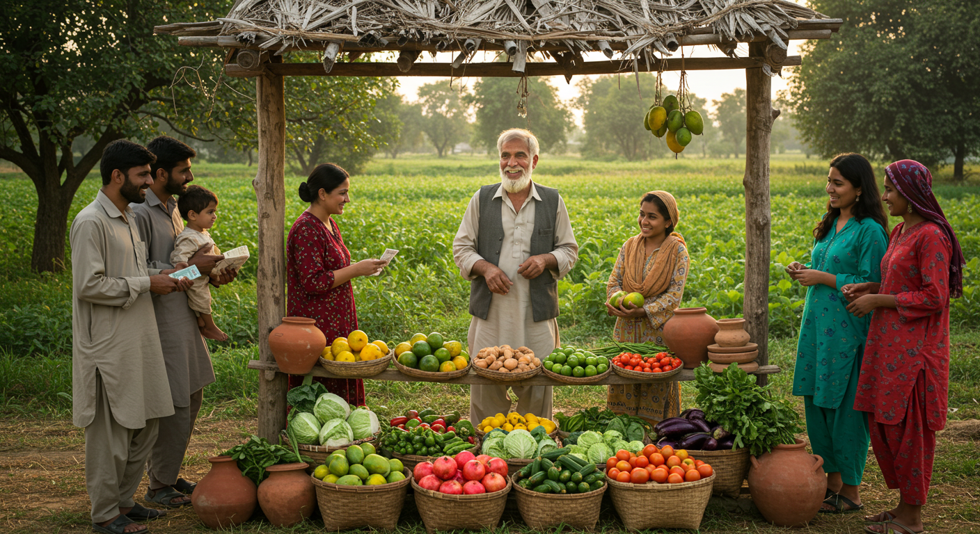 A photorealistic image of a smiling Pakistani smallholder farmer directly selling a vibrant array of organic fruits and vegetables from a rustic farm gate to appreciative customers, with a lush agroforest in the background.