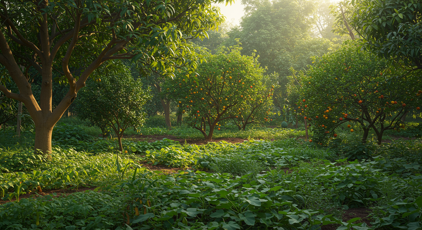 A diverse and abundant seven-layer food forest on a Pakistani smallholding, showcasing towering mango trees, beneath which thrive citrus, guava, pomegranate bushes, herbaceous plants like chili and okra, and ground cover such as sweet potato. The scene is bathed in natural light, highlighting the lush green foliage.