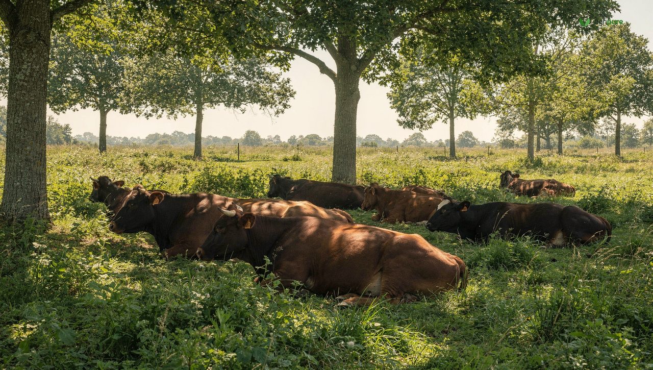 Cattle resting in dappled shade under tall trees in a silvopasture on a hot day, green forage around them