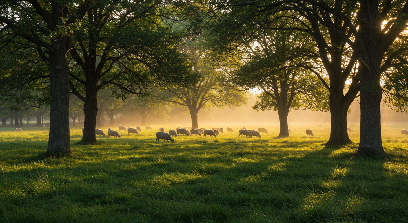 A photorealistic image showing a herd of sheep grazing peacefully on a vibrant green pasture, dappled with sunlight filtering through the canopy of widely spaced, mature deciduous trees. The scene conveys a sense of ecological balance and productive harmony within a silvopasture system.