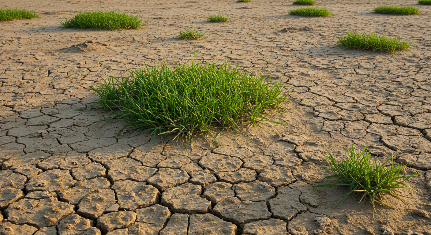 A close-up, editorial photograph of severely salt-crusted soil on the Sindh coast, where patches of vibrant green, resilient pioneer plant species are visibly thriving and establishing root systems, demonstrating successful growth in highly saline conditions.