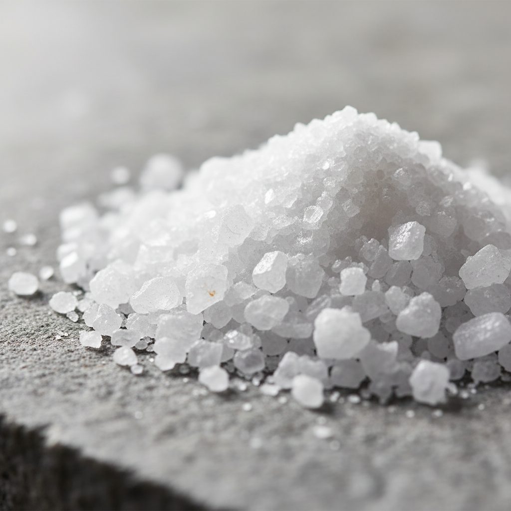 A close-up photograph of white, crystalline Epsom salt grains.
