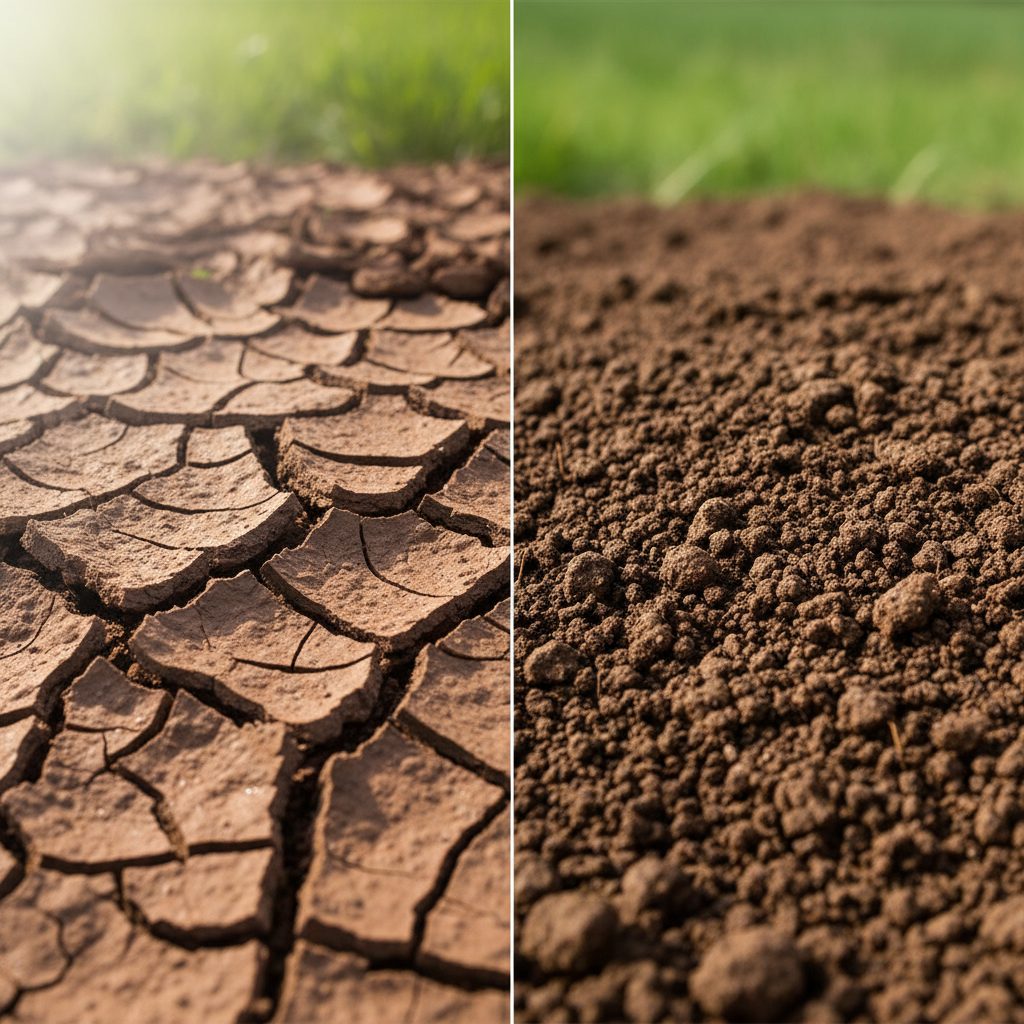 A photo showing highly compacted clay soil and adjacent loose, granulated soil structure.