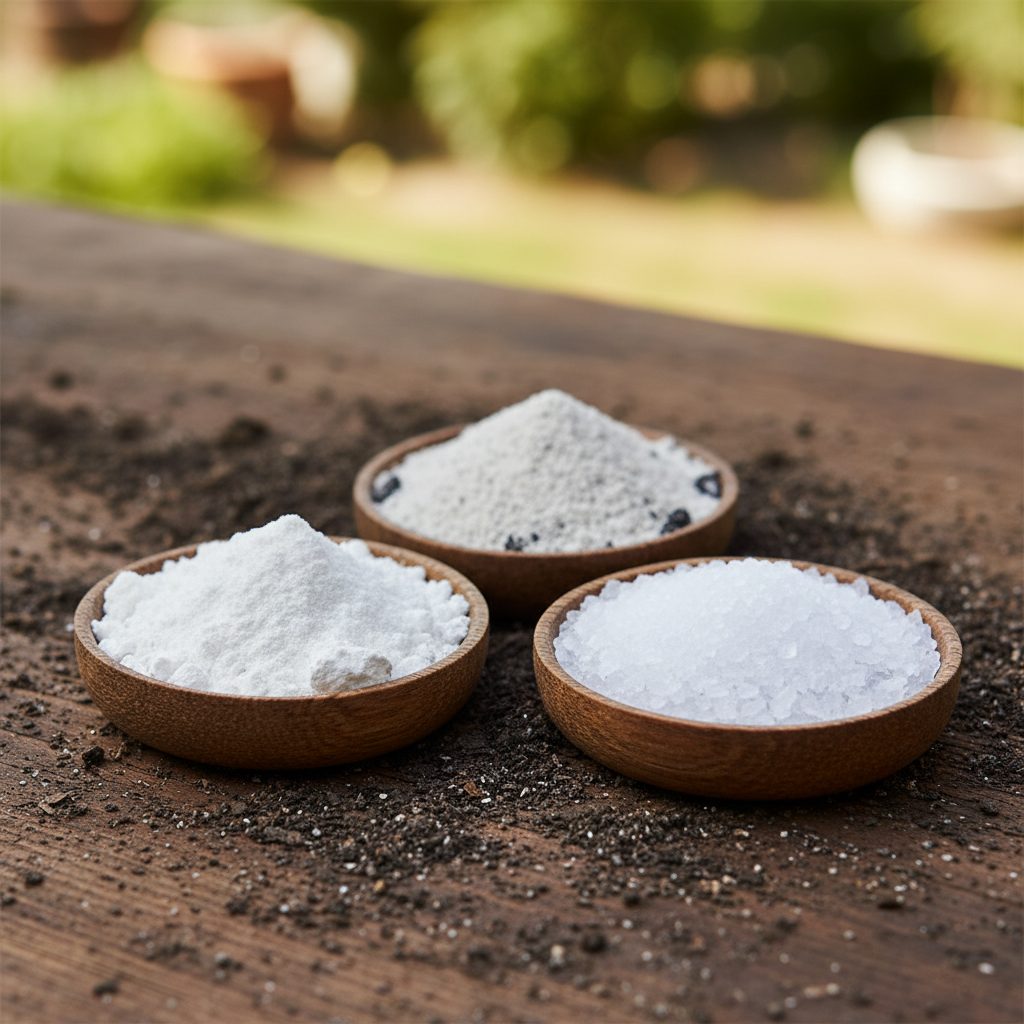 A close-up photograph of mineral soil amendments (white gypsum, grey wood ash, and crystalline Epsom salt) in small wooden dishes.