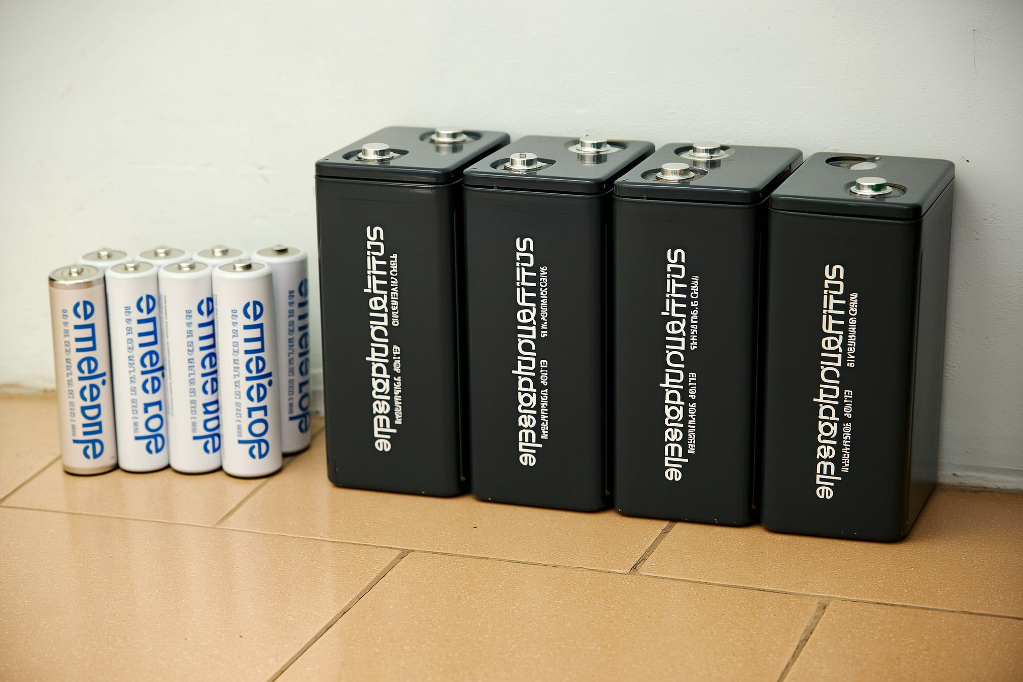 A row of black lithium iron phosphate battery modules mounted on a homestead utility-room wall beside a smaller bank of older lead-acid batteries for comparison