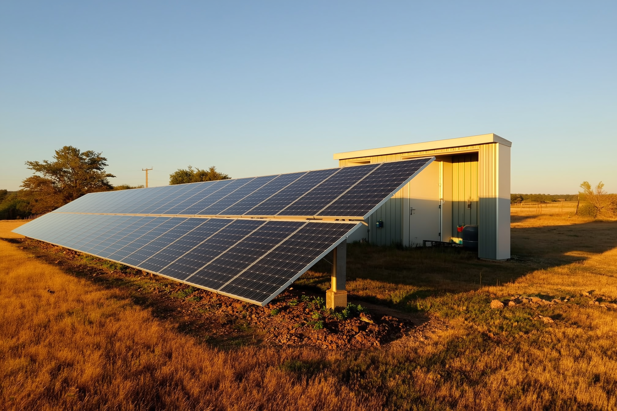 A rural homestead with a ground-mounted solar array at golden hour and a utility shed housing the battery storage system, panels angled toward the low sun
