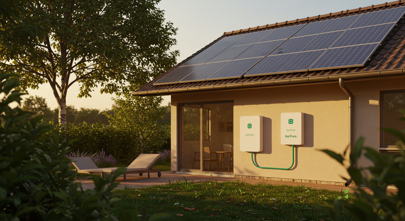 A photorealistic image showing a modern, sustainable home with prominent rooftop solar panels and a wall-mounted home battery storage system. The setting is a verdant, sunlit landscape, symbolizing clean energy and self-sufficiency.