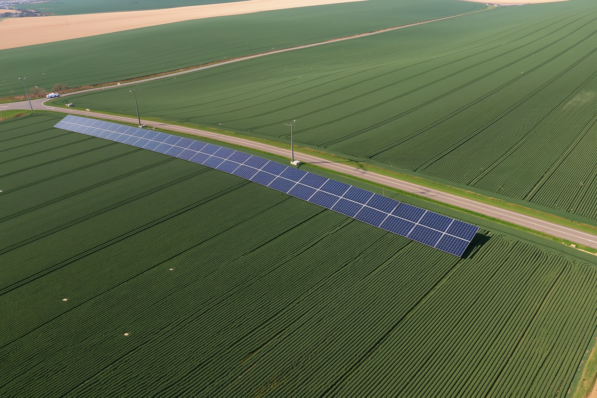 Aerial view of a utility-scale solar farm laid out in parallel rows across gently sloping farmland with an access road and substation at the edge