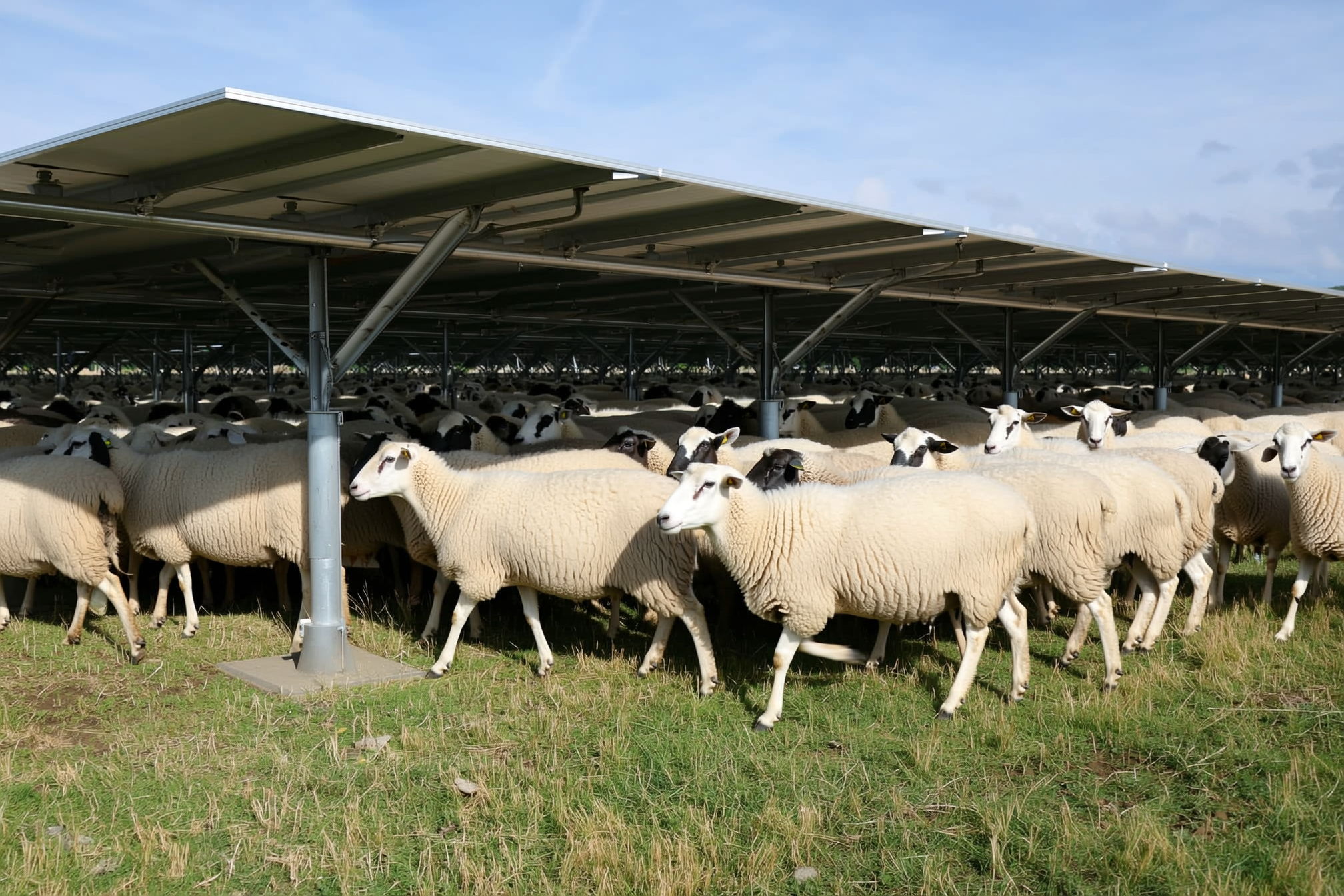 A flock of sheep grazing on pasture beneath and between rows of elevated solar panels at an agrivoltaic farm
