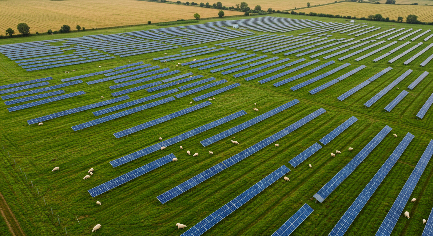 Aerial view of an agrivoltaic solar farm where sheep graze between rows of solar panels, demonstrating integrated land use for renewable energy and agriculture.