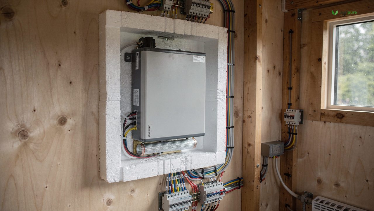 A wall-mounted lithium battery bank inside a tiny home with an insulated enclosure and a small low-wattage heater pad