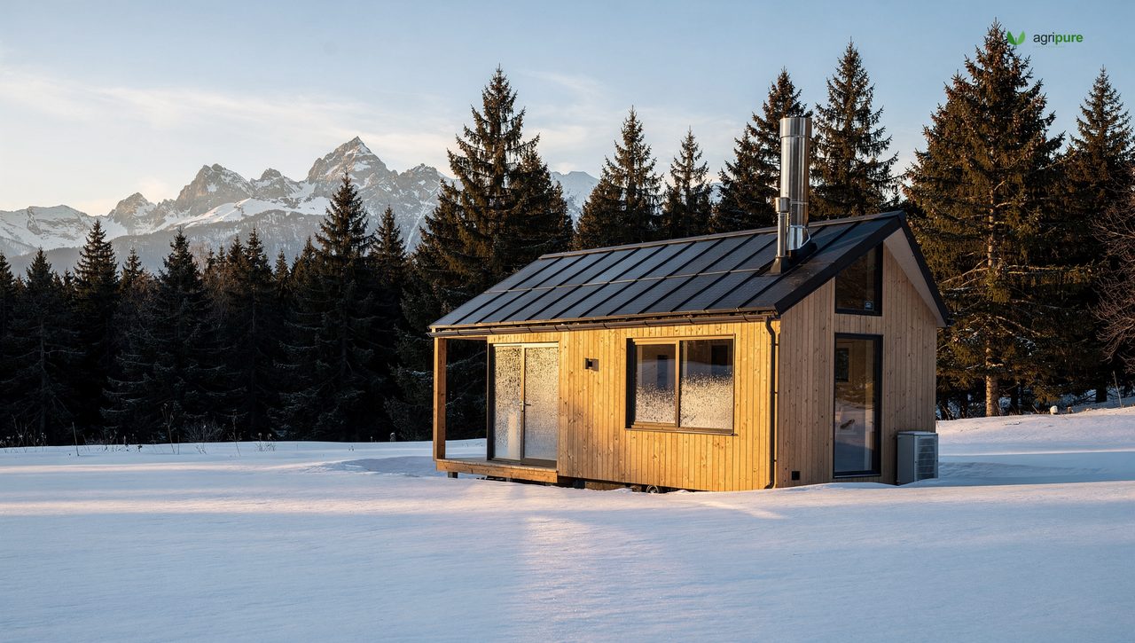 A tiny home in a snowy field with steeply tilted solar panels catching low winter sun