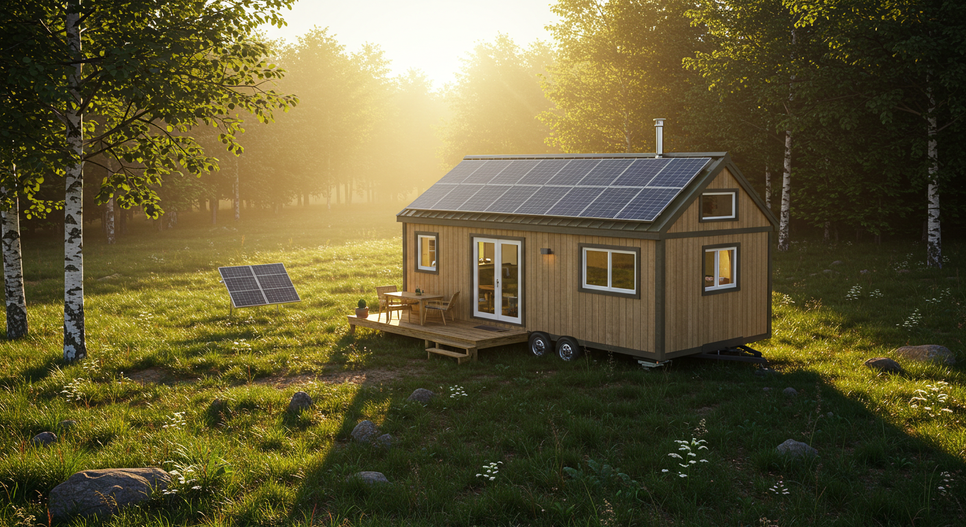 A beautifully designed modern tiny home with a sloped roof featuring several solar panels, surrounded by a tranquil, sunlit natural environment. A small, separate ground-mounted solar array is visible beside the house, illustrating off-grid power solutions and sustainable living.
