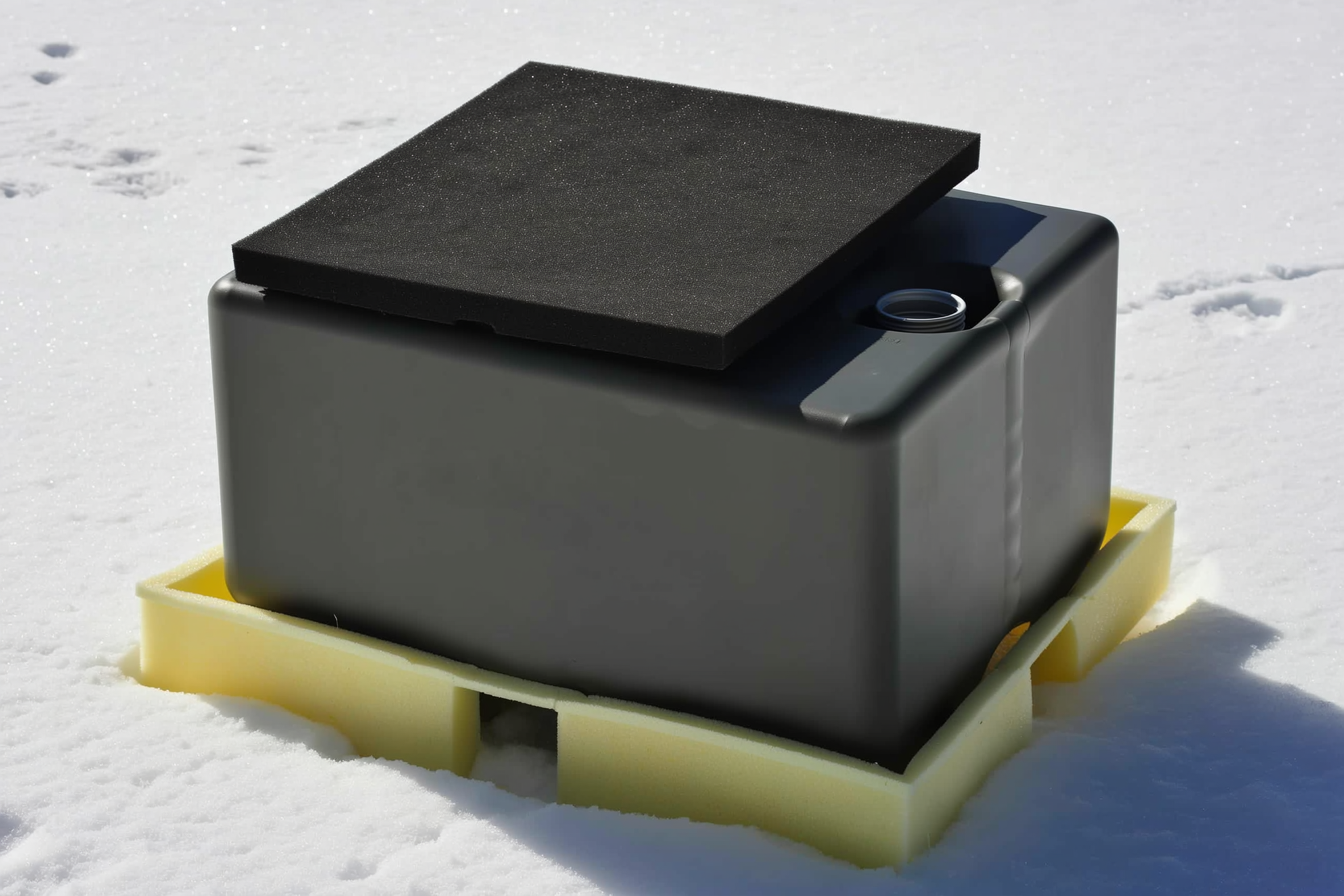 A dark insulated stock tank boxed in foam board with an insulated lid and a small drinking opening, sitting in winter sun on a snowy pasture, no people
