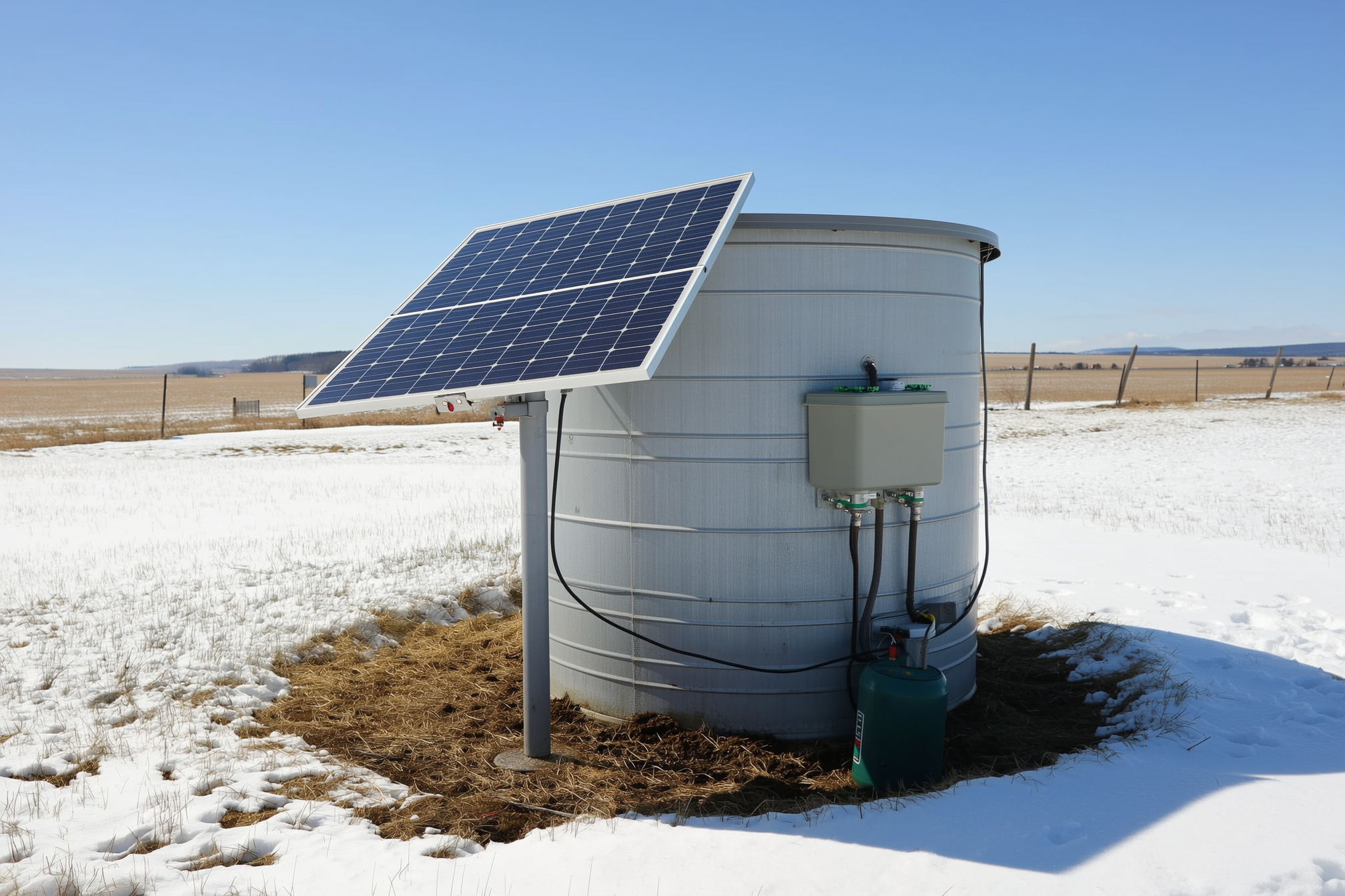 A solar panel on a post beside a livestock water tank wired to a sealed battery box and a submersible de-icer, snowy off-grid pasture, winter daylight, no people