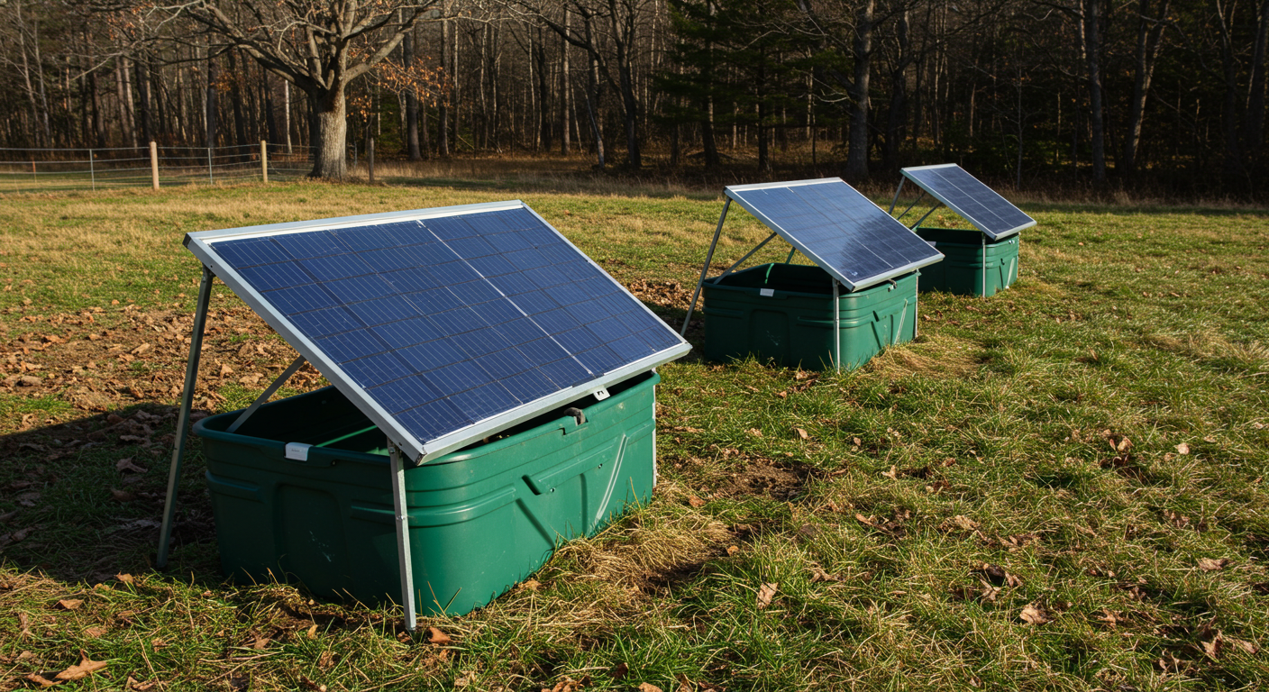 An insulated livestock stock tank kept ice-free using solar water heating panels in winter.