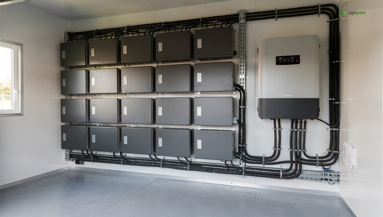 A wall of lithium battery modules and an inverter mounted in a clean off-grid power shed
