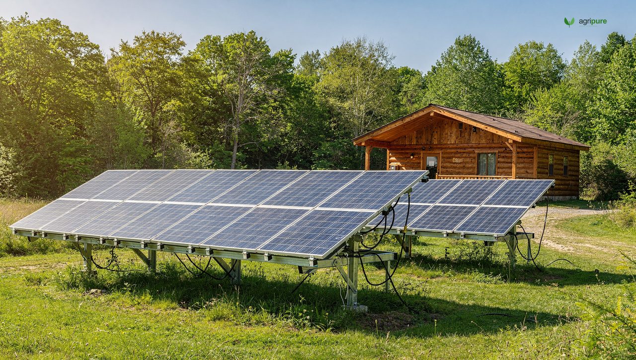 A large ground-mounted solar array on a frame in a clearing beside an off-grid home, panels tilted to the sun
