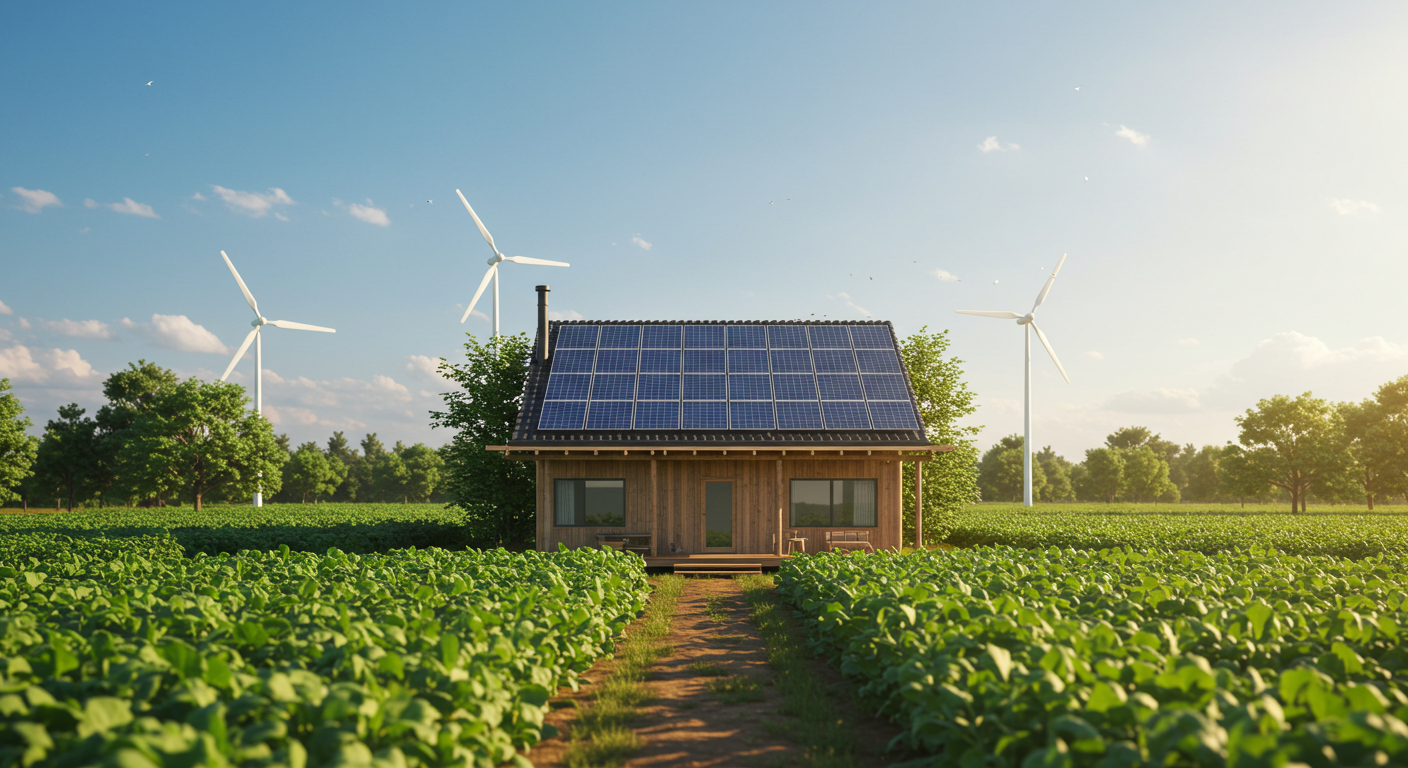 A modern off-grid home with solar panels on its roof, surrounded by a thriving green agricultural landscape under a clear sky, showcasing sustainable energy independence.
