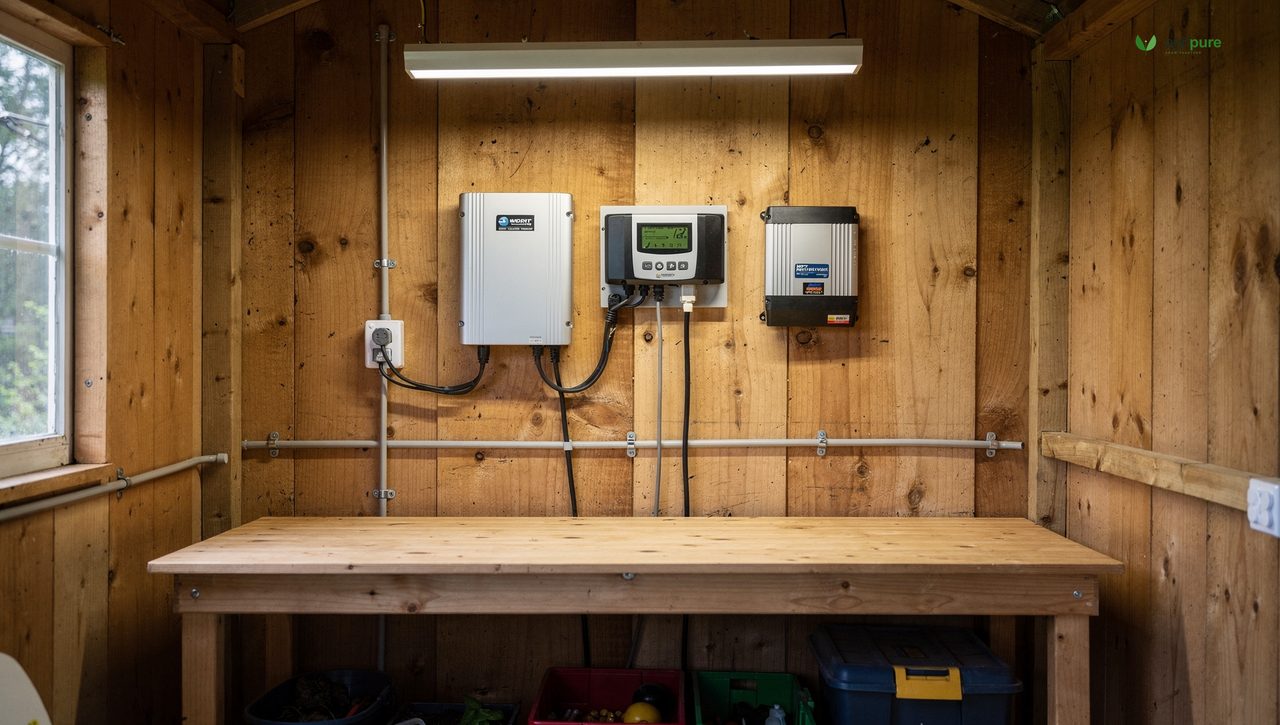 Interior of a tidy garden shed with a wall-mounted lithium battery, MPPT charge controller, and small inverter beside an LED workbench light