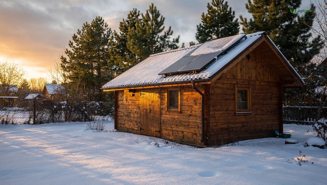 A garden shed in winter with snow on the ground, solar panels angled steeply to shed snow, low afternoon sun