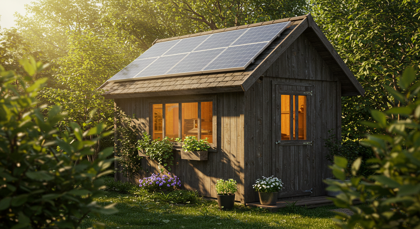 A rustic wooden shed, illuminated by gentle sunlight, with solar panels neatly installed on its dark green roof. The shed is nestled in a vibrant garden, suggesting self-sufficiency and sustainable energy use. A subtle warm light glows from inside the shed.