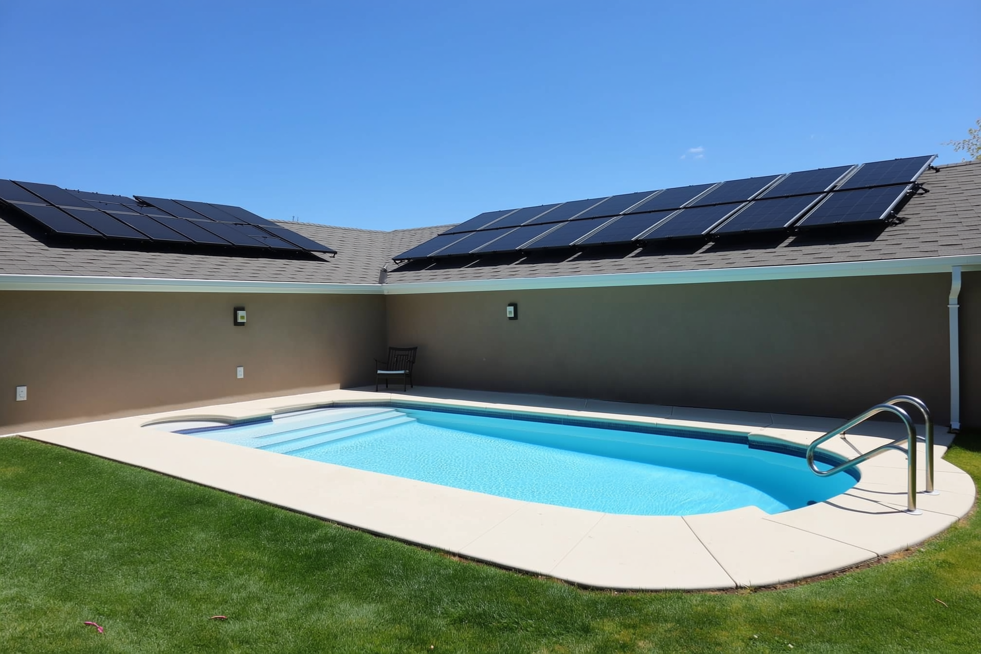 An in-ground backyard swimming pool beside a low roofline carrying black unglazed solar pool-heating collectors, sunny day, no people