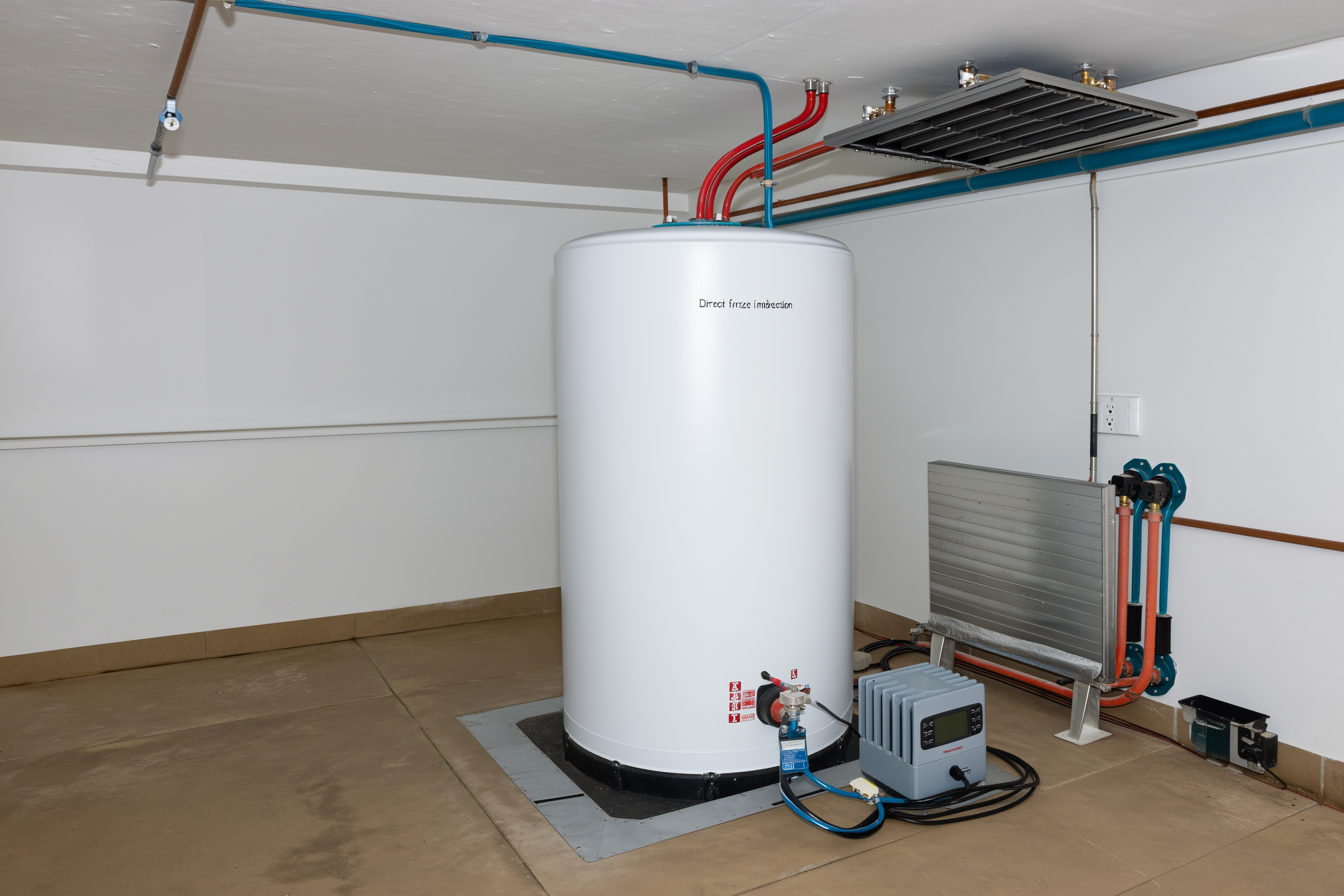 An insulated solar hot-water storage tank in a home utility room with a circulation pump, controller, and heat exchanger plumbed to the roof, no people