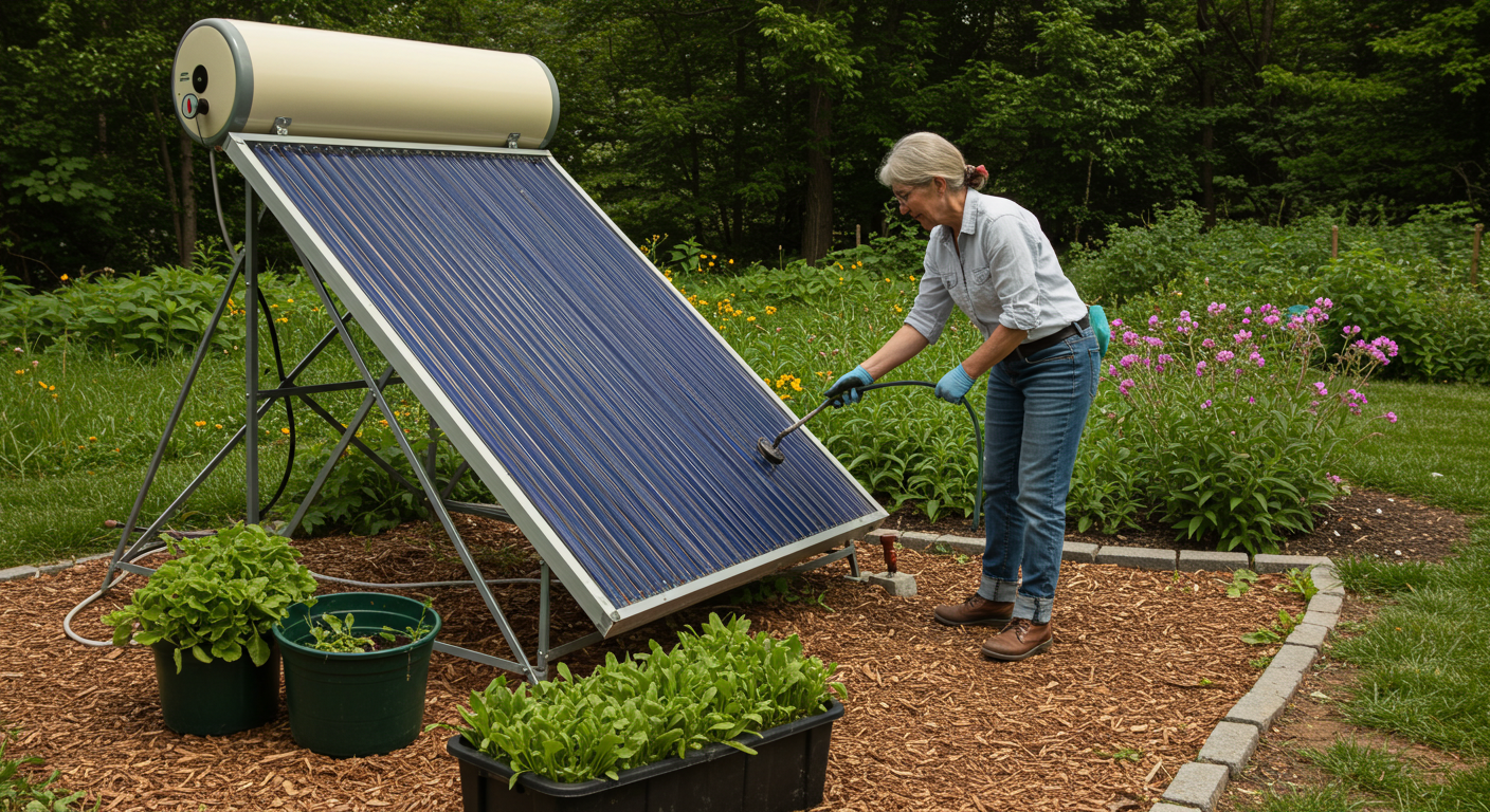 Flat plate solar water heater collector panels installed on a residential roof.