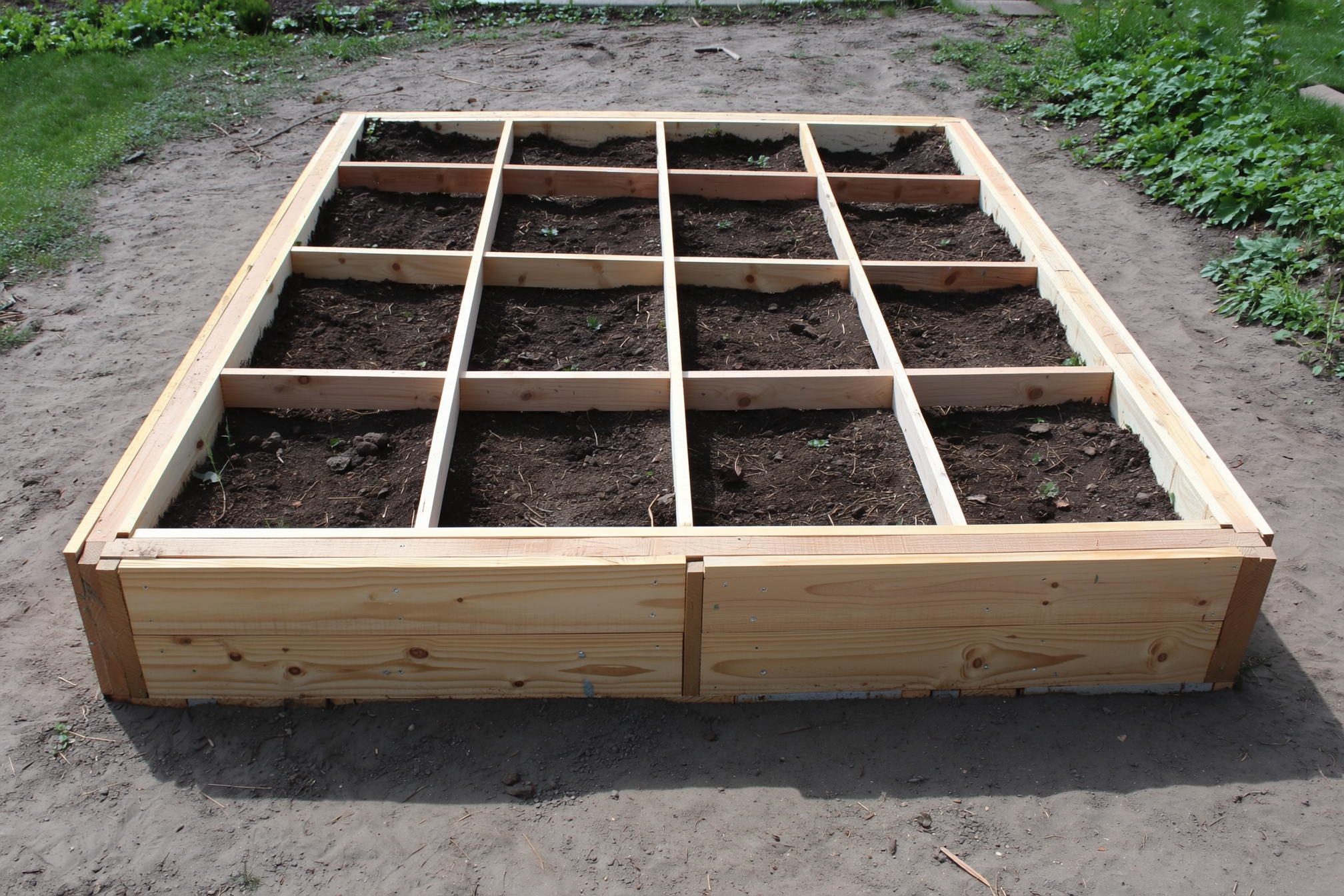 A freshly built 4-by-4-foot raised garden box made of untreated 2-by-6 boards on bare ground, topped with a wooden lattice grid dividing it into 16 equal squares