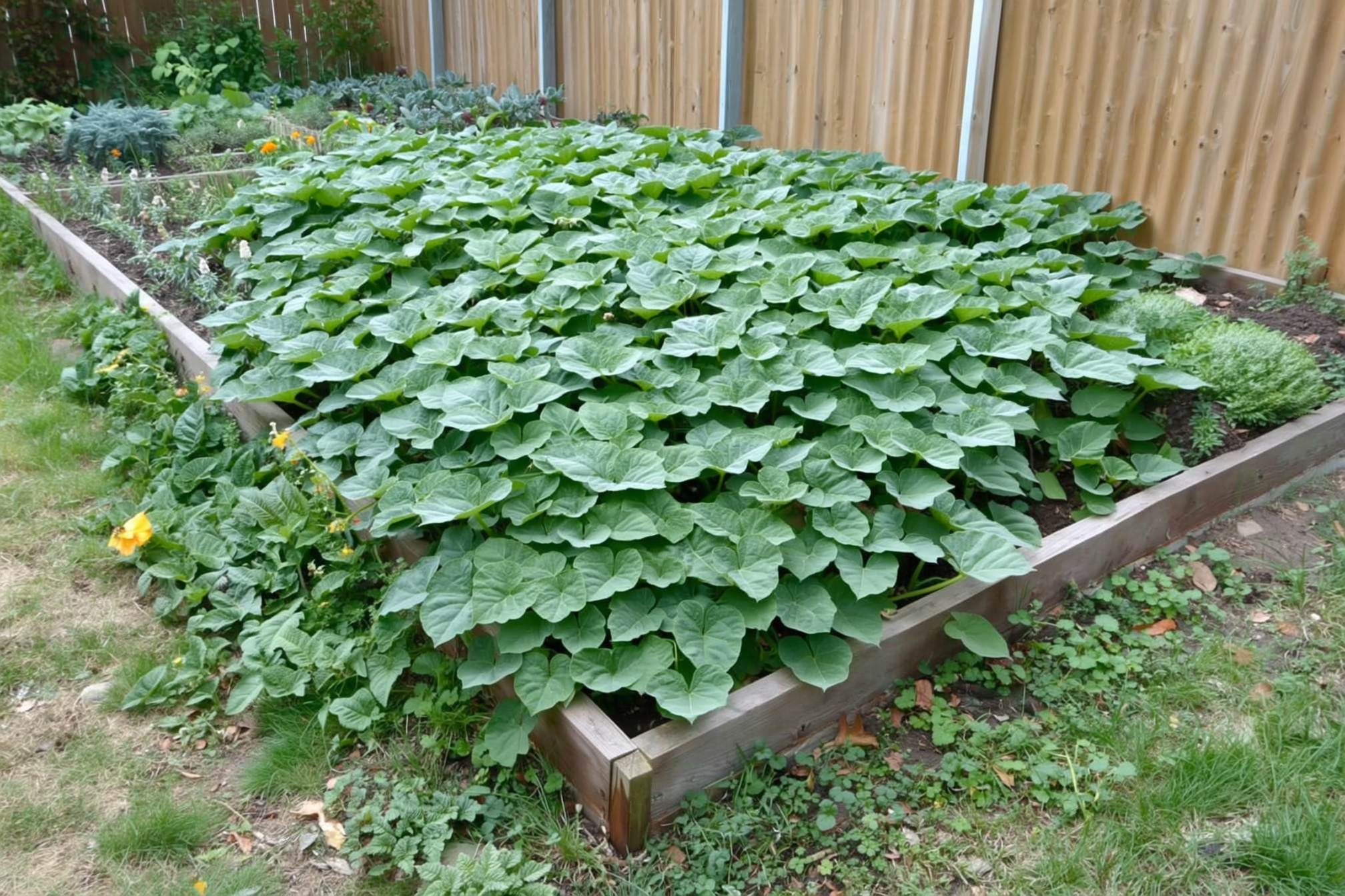A large winter squash vine sprawling out of and overwhelming a small raised garden bed, its broad leaves spilling well past the edges of the box