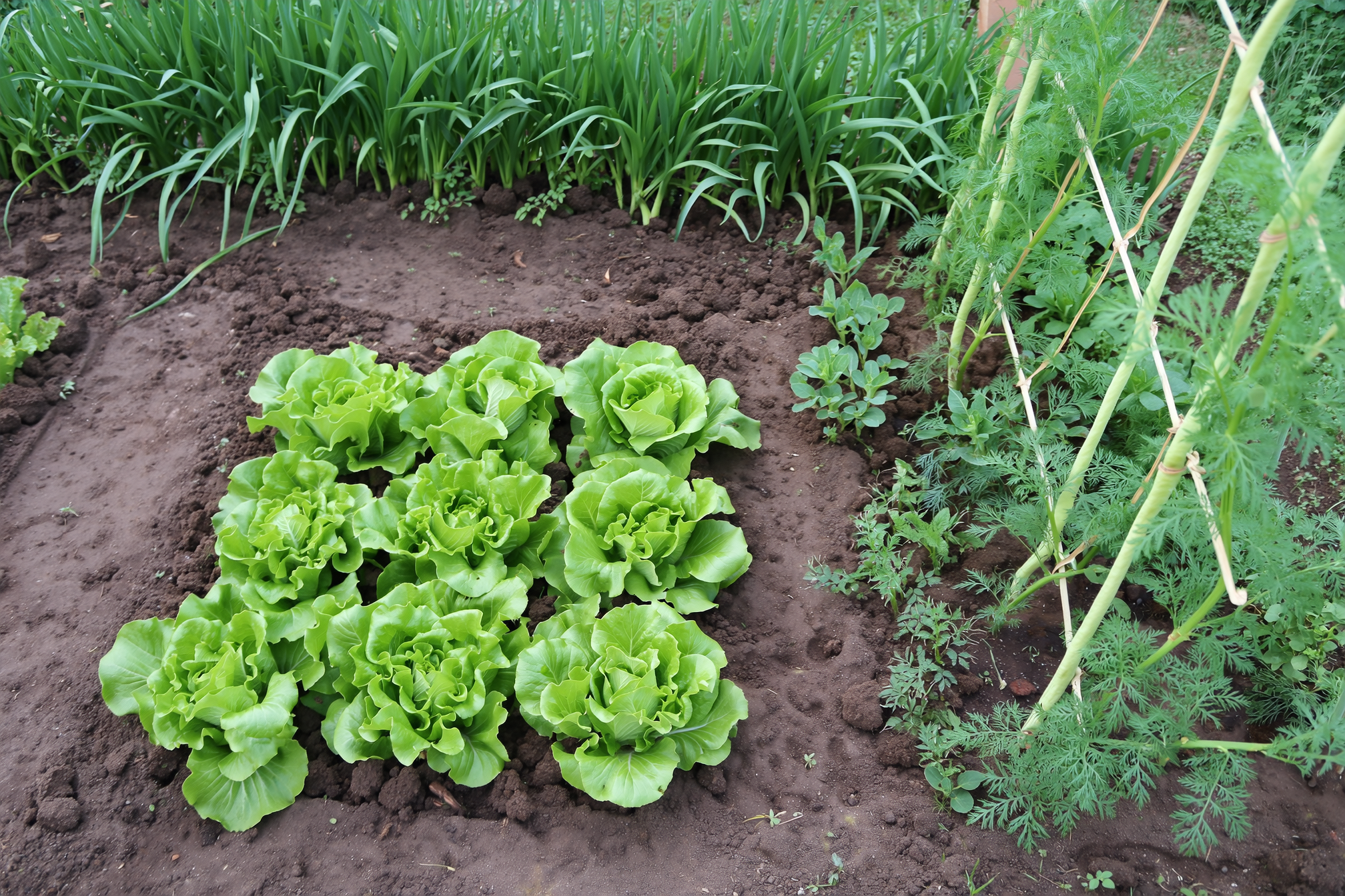 A planted square-foot bed in summer with a square of leafy lettuce, a square of feathery carrot tops, and pole beans climbing a trellis on the north edge of the box