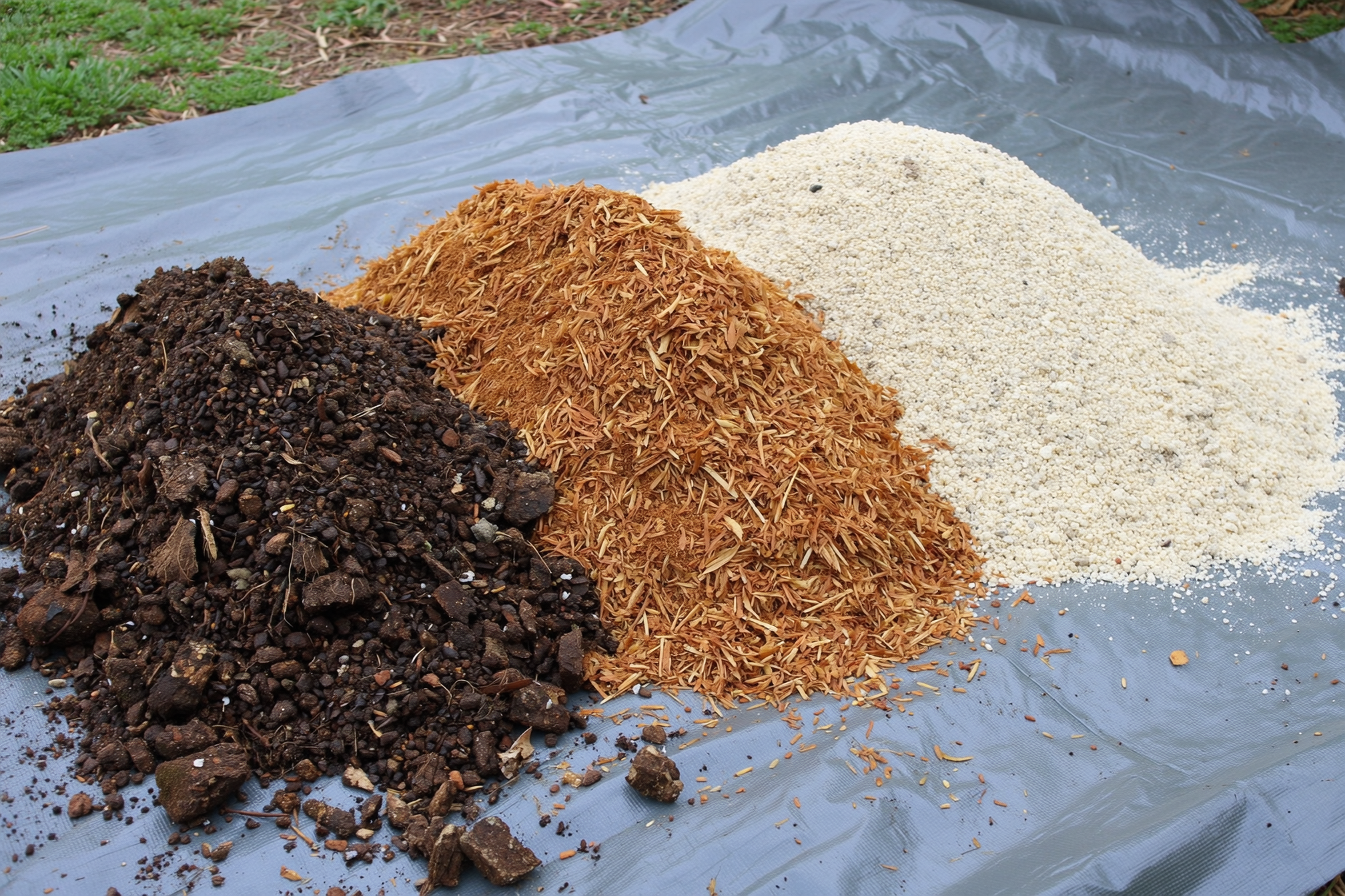 Three equal piles of garden compost, light brown coconut coir, and pale coarse vermiculite on a tarp, partly blended together into a soilless potting mix