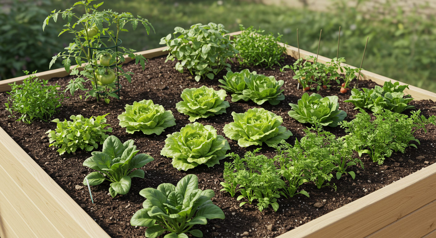 A bird's-eye view of a square-foot garden bed, meticulously organized into 16 one-foot squares. The squares showcase various plant densities: a large tomato plant in one, four lettuce plants in another, nine spinach plants, and sixteen carrot seedlings, illustrating efficient space utilization. The garden bed is set on a light-colored patio.