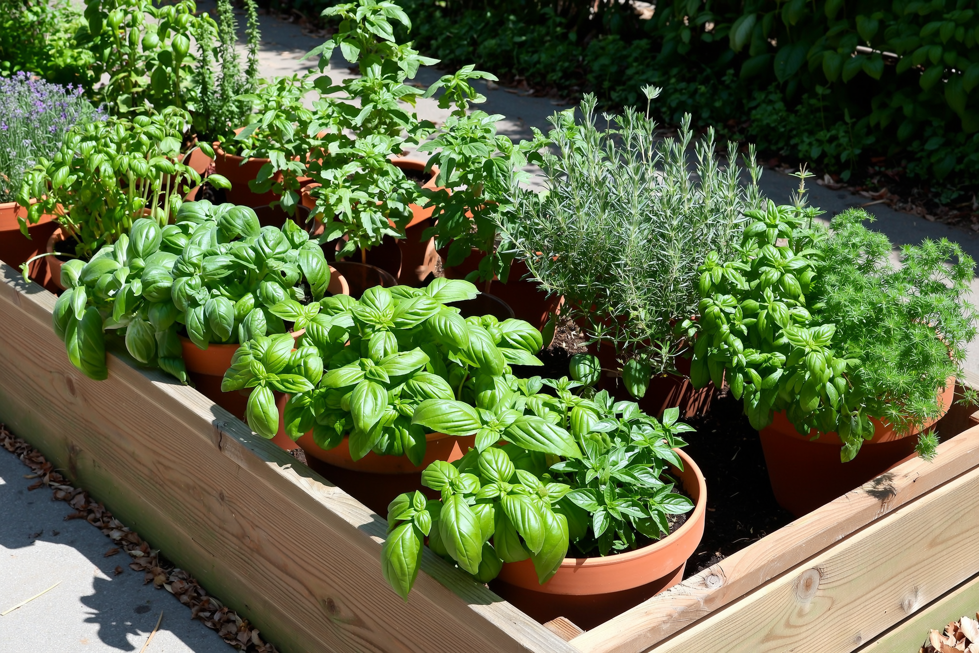 A cedar raised garden bed and a cluster of terracotta pots filled with leafy basil, parsley, thyme, and sage in full sun beside a path
