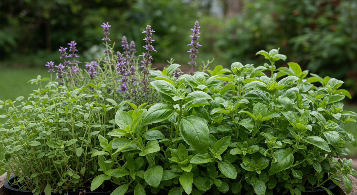 Fresh green basil, rosemary, and thyme herbs growing healthily in wooden planter boxes on a sunny window sill.