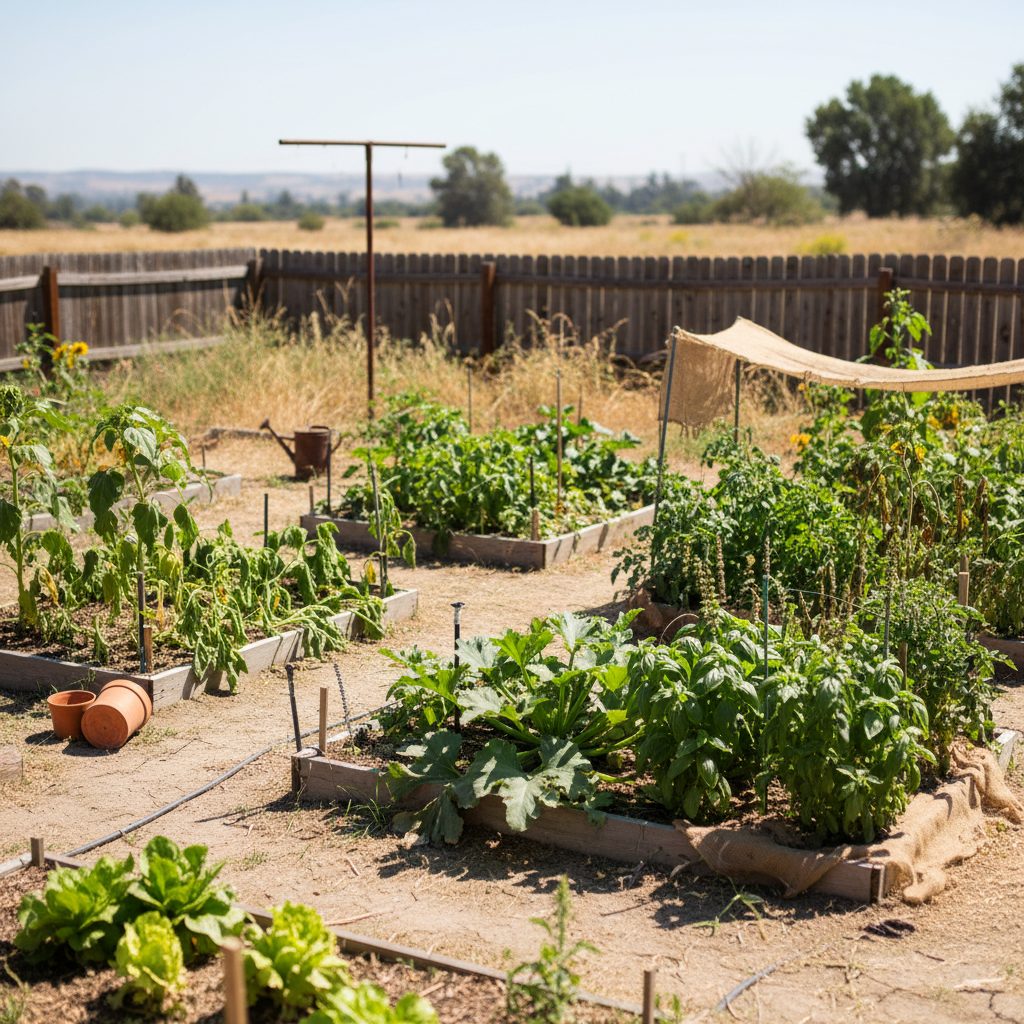 A homestead garden in extreme heat, with some plants showing stress but others thriving due to careful management, under a bright sun.
