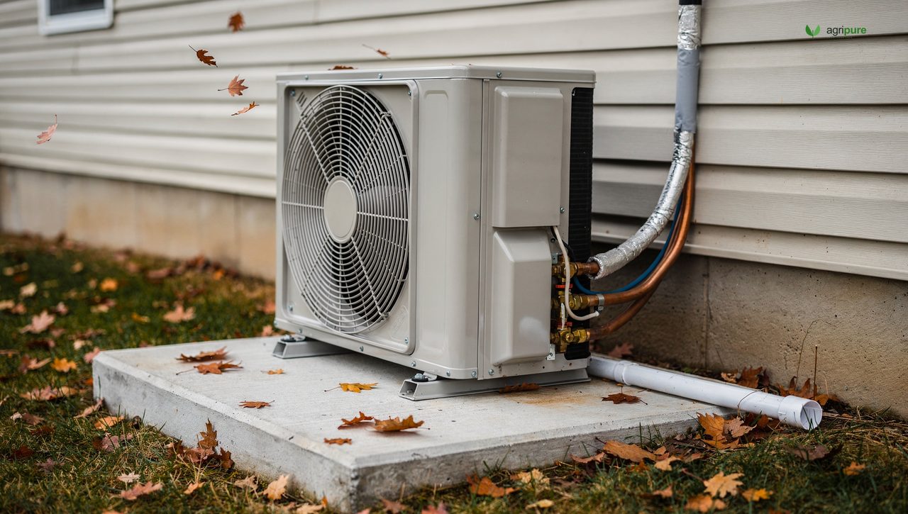 An air-source heat pump outdoor unit mounted on the side of a North American home in autumn, visible refrigerant lines and condensate drain