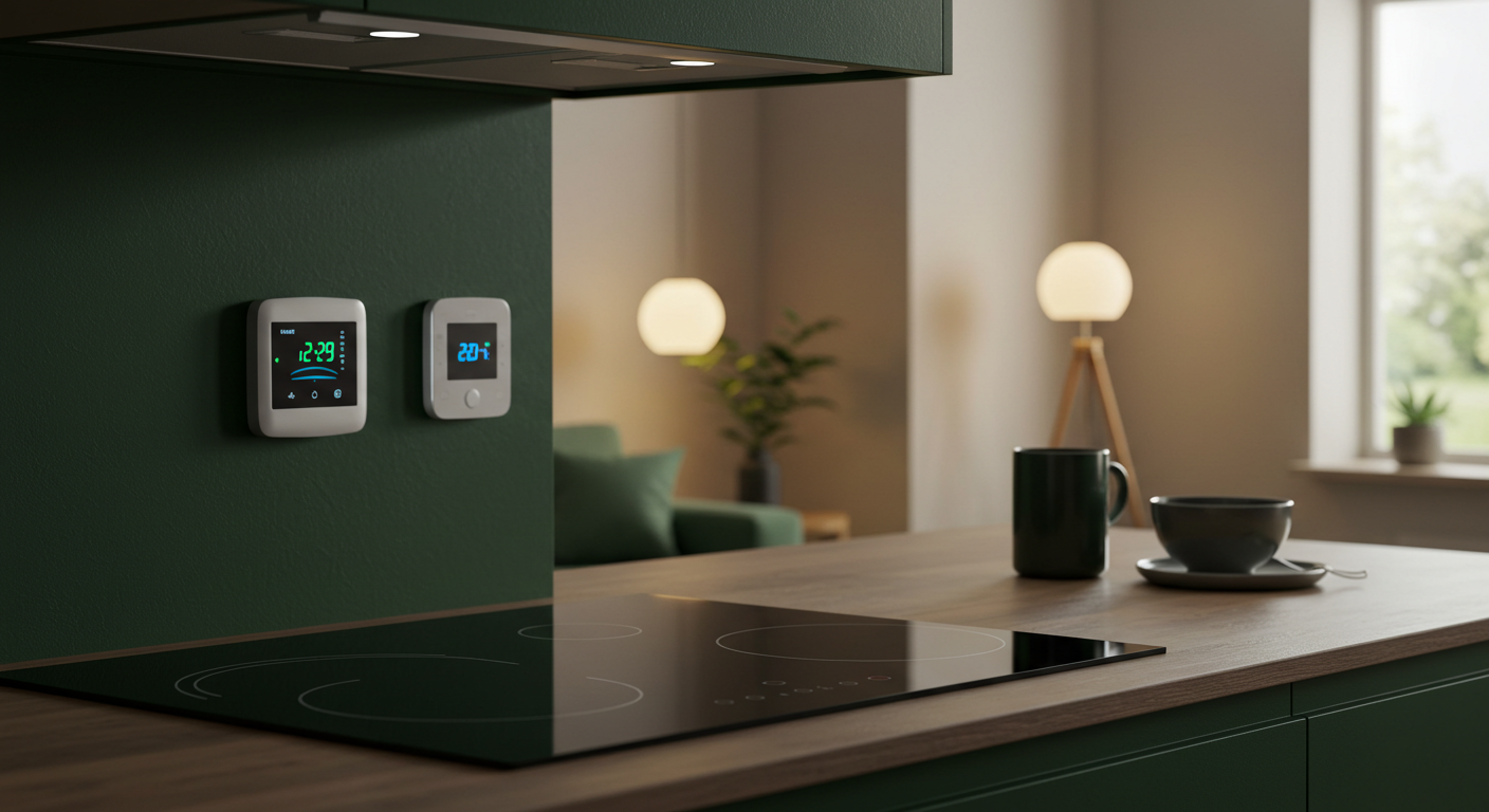 An editorial photograph depicting a modern, energy-efficient home interior. The foreground shows a gleaming induction cooktop in a minimalist kitchen. In the background, a cozy living space is softly illuminated by natural light, featuring a discrete smart thermostat on the wall, and subtle green decorative accents.