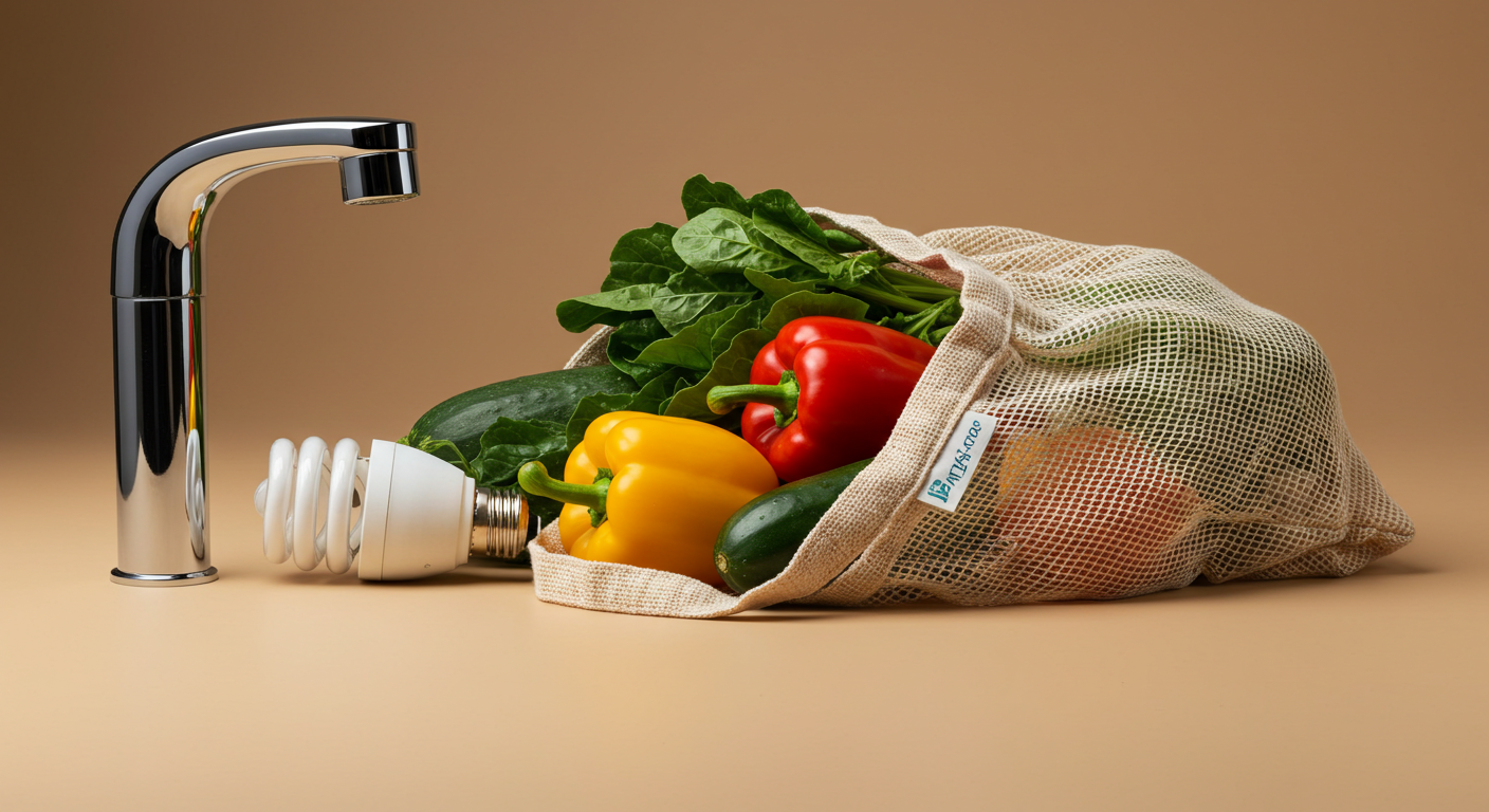 A meticulously composed still life representing sustainable living habits. A cream-colored reusable canvas tote bag is filled with colorful, fresh organic produce including green leafy vegetables and orange carrots. Beside the bag, a modern LED lightbulb stands upright, and a sleek, silver low-flow faucet attachment is visible. The objects are arranged on a light, warm background with gentle lighting, symbolizing eco-conscious choices in waste, energy, and water.