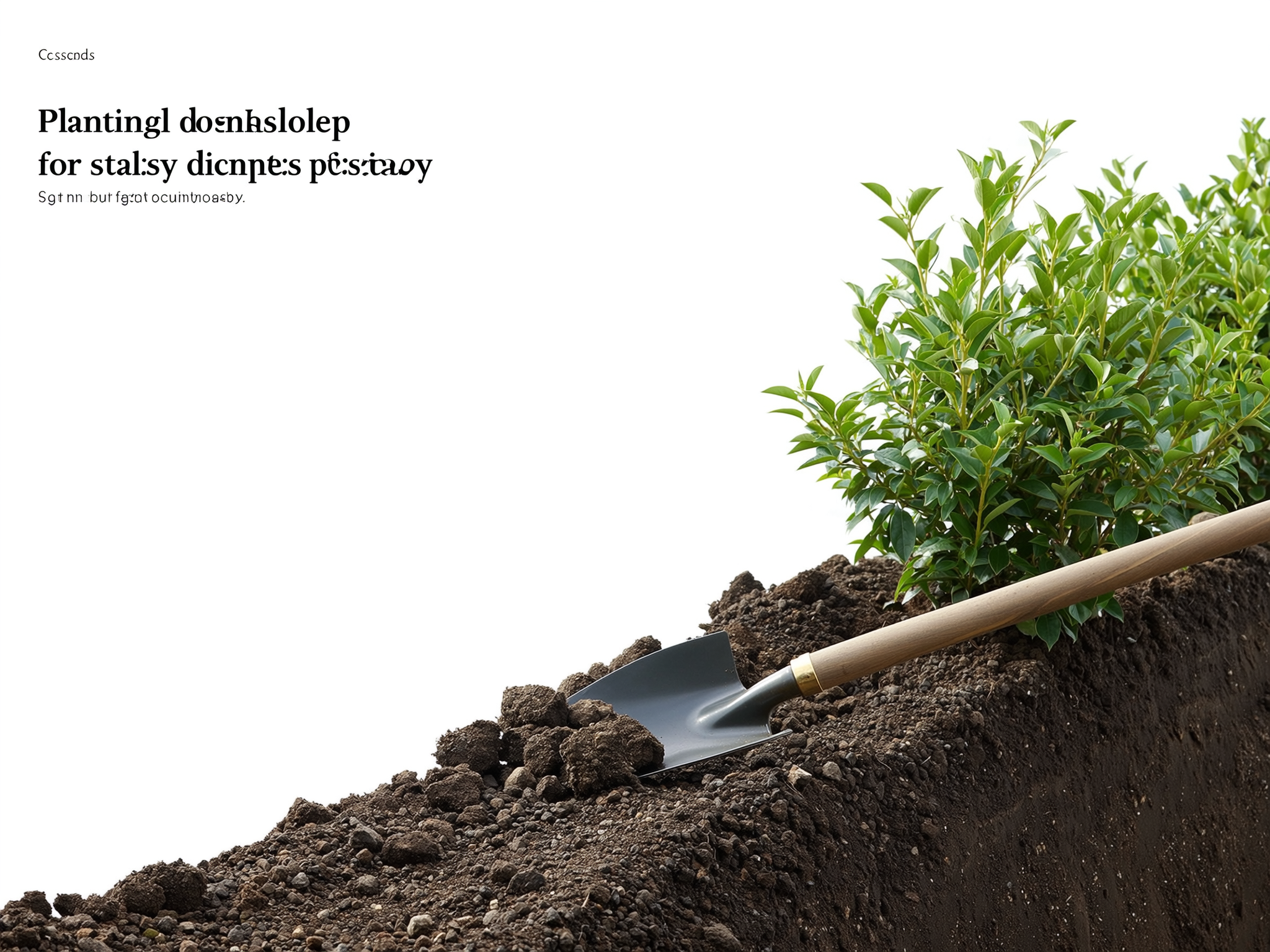 A close-up of a hand trowel planting a shrub on the downslope soil berm of a newly built swale.