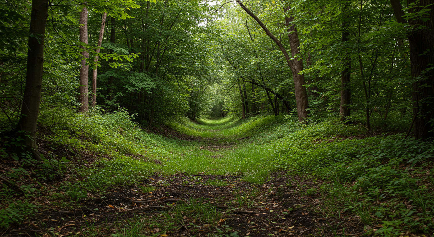 A mature, thriving permaculture swale in its seventh year, characterized by a subtle, vegetated depression integrated into the landscape. Lush native trees and dense undergrowth completely obscure any original ditch profile, indicating a successful transformation into a rich ecosystem. The ground is covered with accumulated organic matter, suggesting fertile, high-carbon soil, and the area appears verdant and well-established under soft, filtered light.