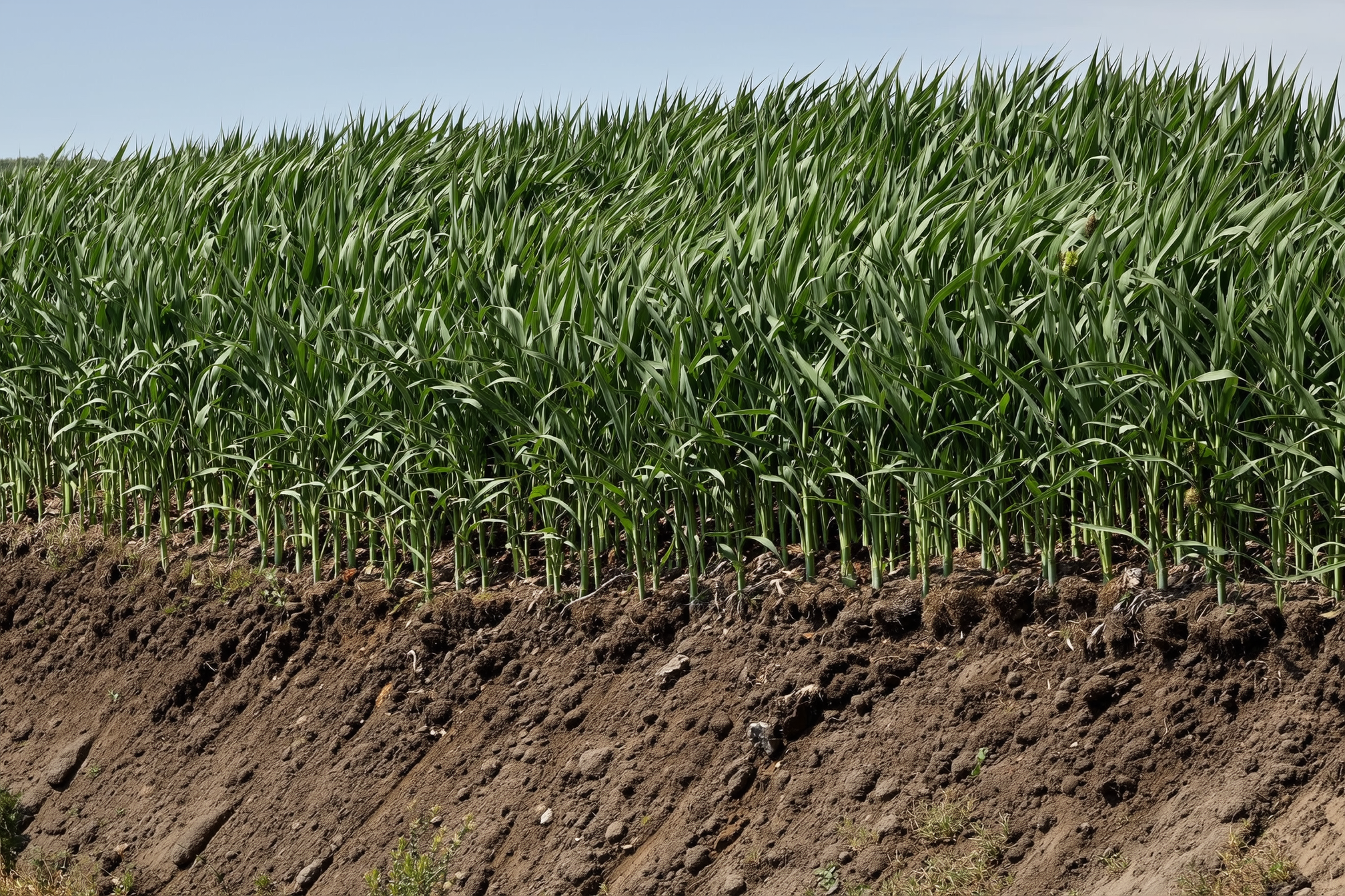 A mature swale berm showing dense cover crop growth and mulched soil on a 5-percent slope.