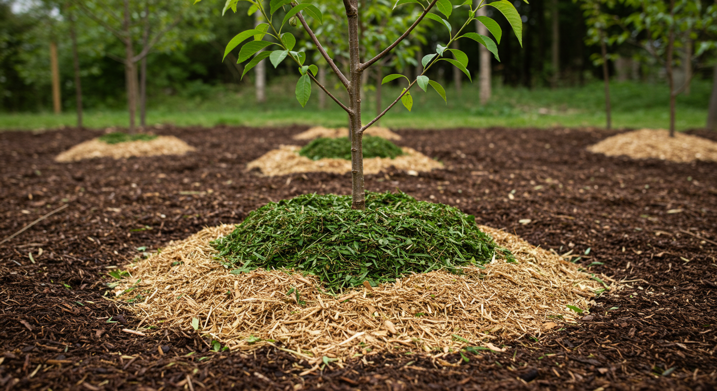 Freshly coppiced tree branches layered neatly as mulch around the base of a fruit tree.