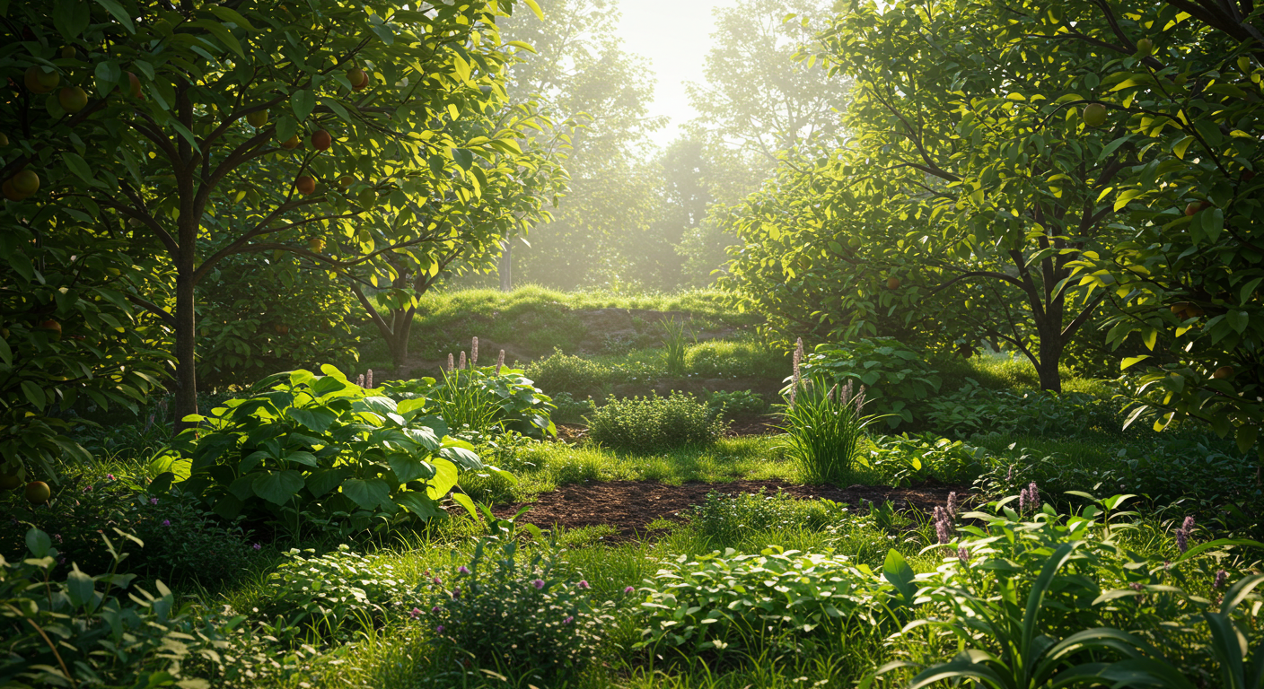 A photorealistic image showing a vibrant, densely planted syntropic food forest. Various layers of vegetation are visible, from tall fruit trees in the canopy to mid-level shrubs and groundcovers, illustrating a thriving ecosystem where natural forest succession has been accelerated for food production.
