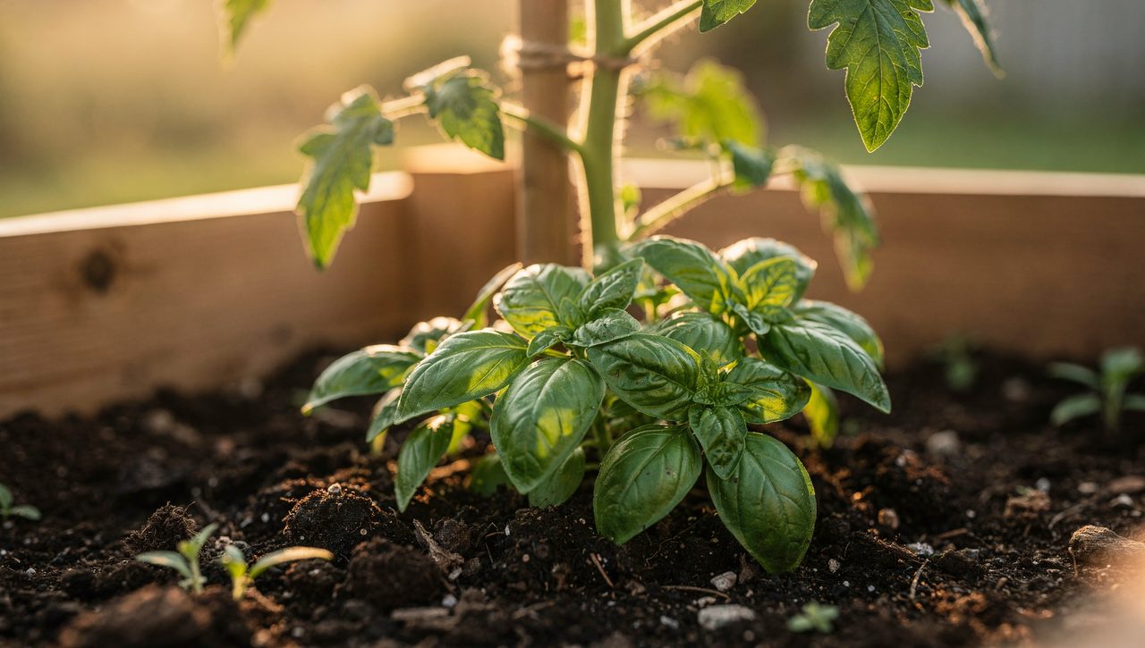 Sweet basil growing in dark soil at the base of a staked tomato plant, leaves catching morning light in a raised bed.
