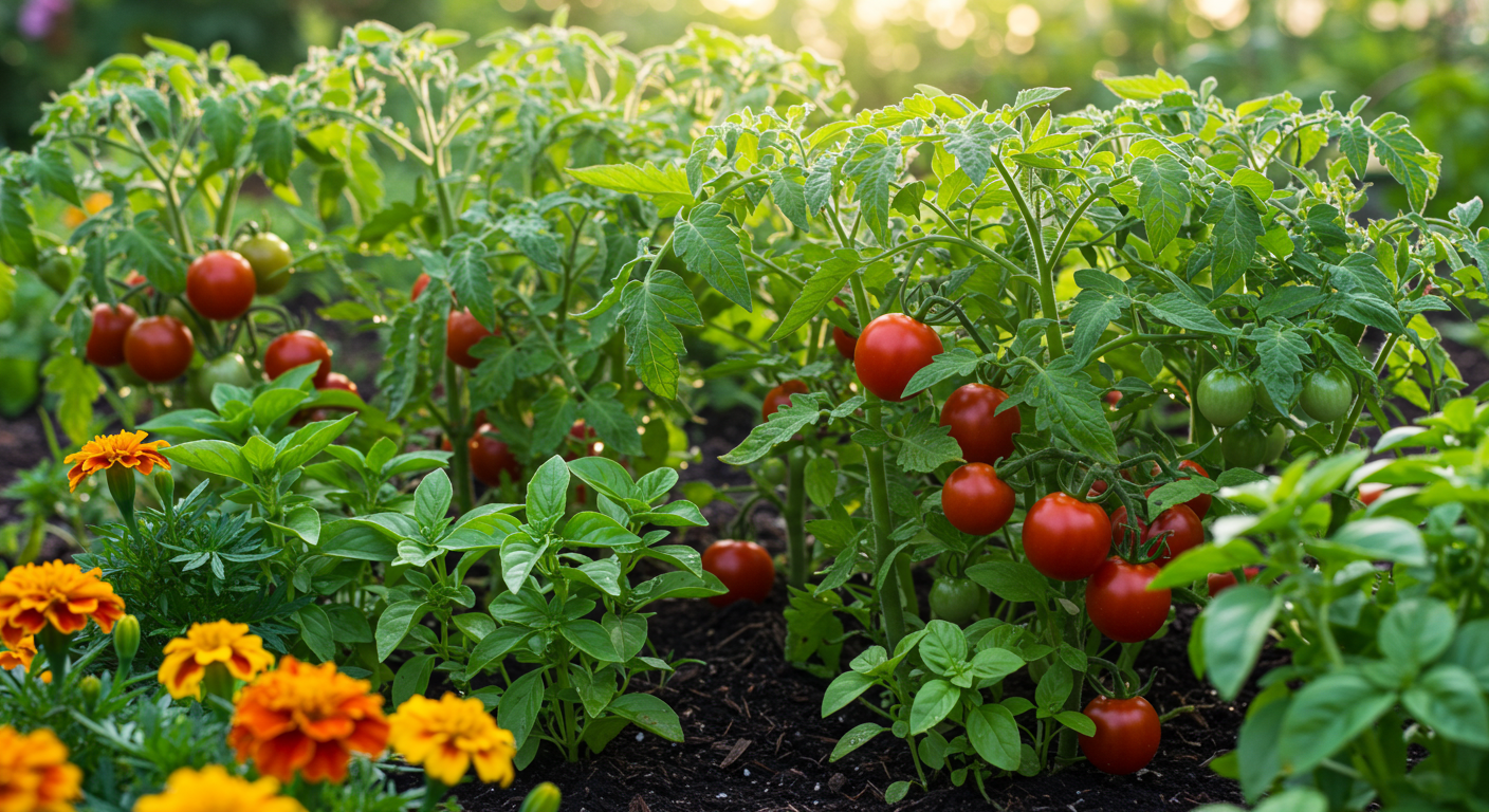 A vibrant close-up photograph of lush green tomato plants growing alongside aromatic basil and bright marigolds in a sun-drenched organic garden, showcasing a healthy companion planting environment.