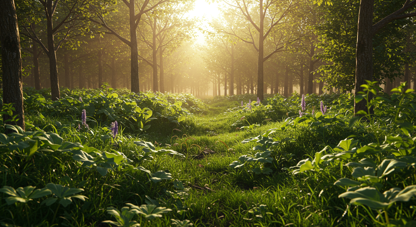 A photorealistic image showing a well-managed understorey in a syntropic farming system during its secondary stage. Lush, diverse plants, including various leafy greens and shrubs, thrive in a sun-dappled middle layer beneath taller, emerging trees, demonstrating effective soil cover and utilization of light.