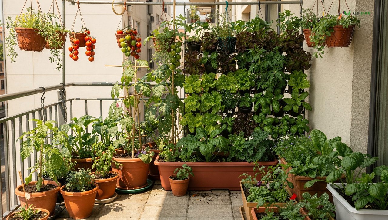 A balcony and small yard packed with container vegetables, vertical wall planters, and hanging baskets in summer