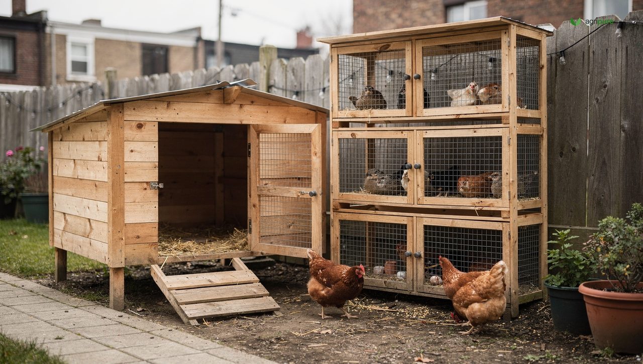 A compact backyard chicken coop and a stacked quail hutch against a fence in a small city yard